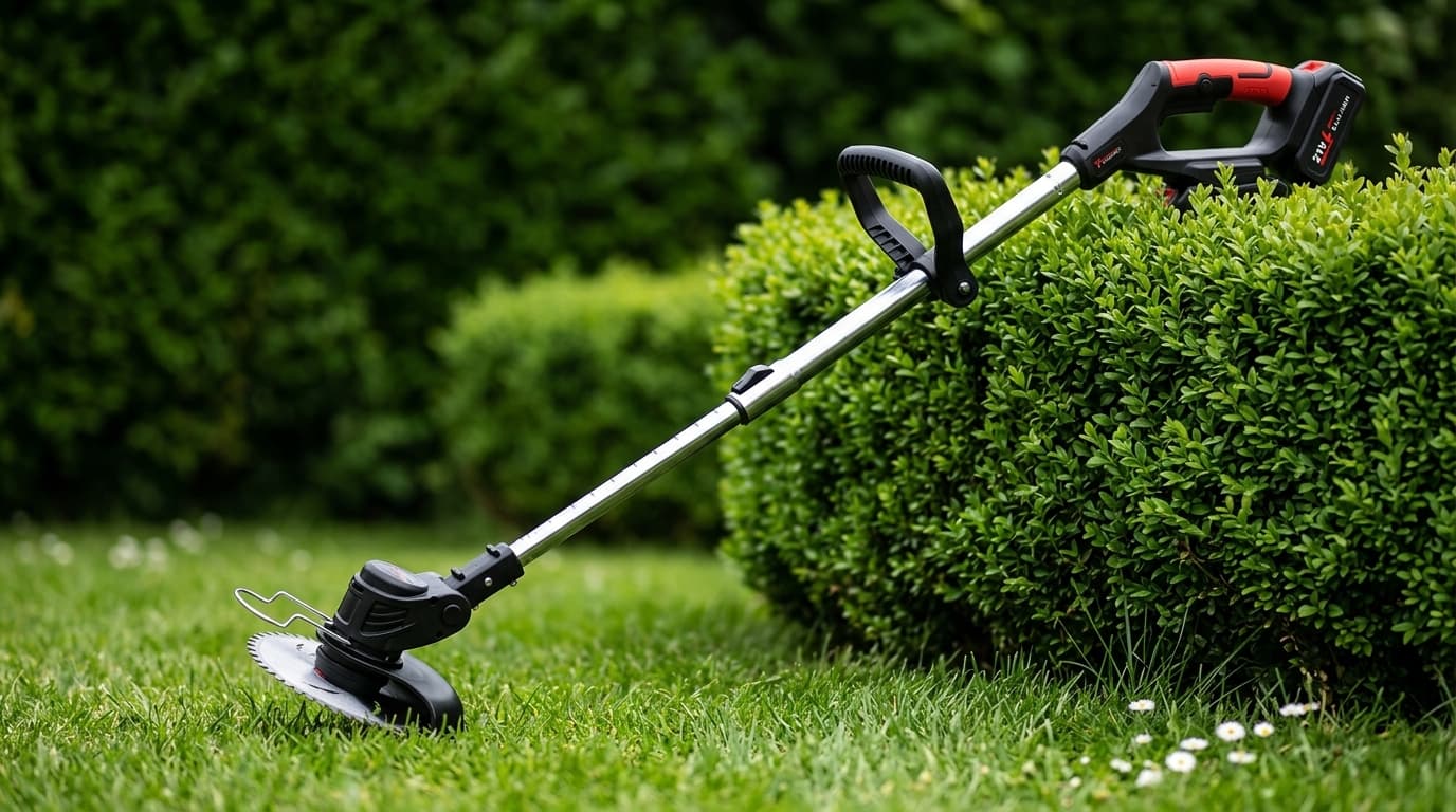 Cordless brush cutter trimming lawn edge against a lush green hedge